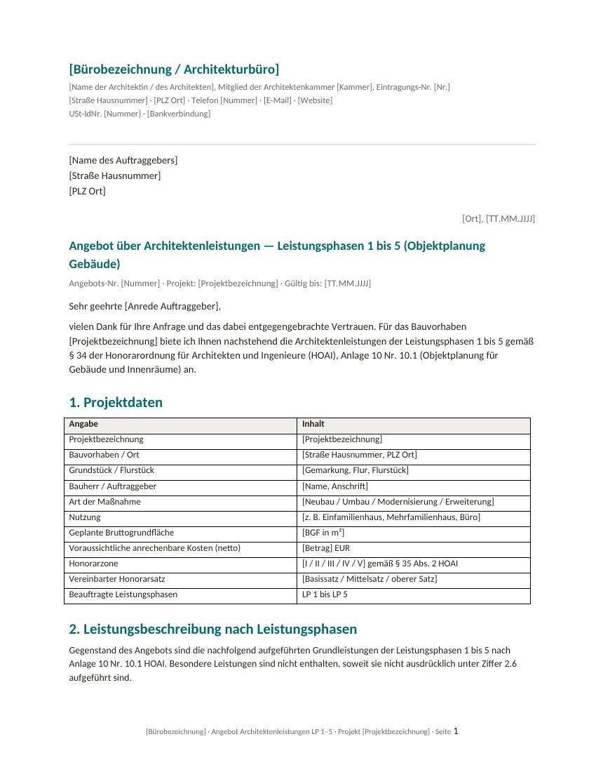 Erste Seite der Word-Angebotsvorlage für Architektenleistungen mit Platzhaltern in eckigen Klammern