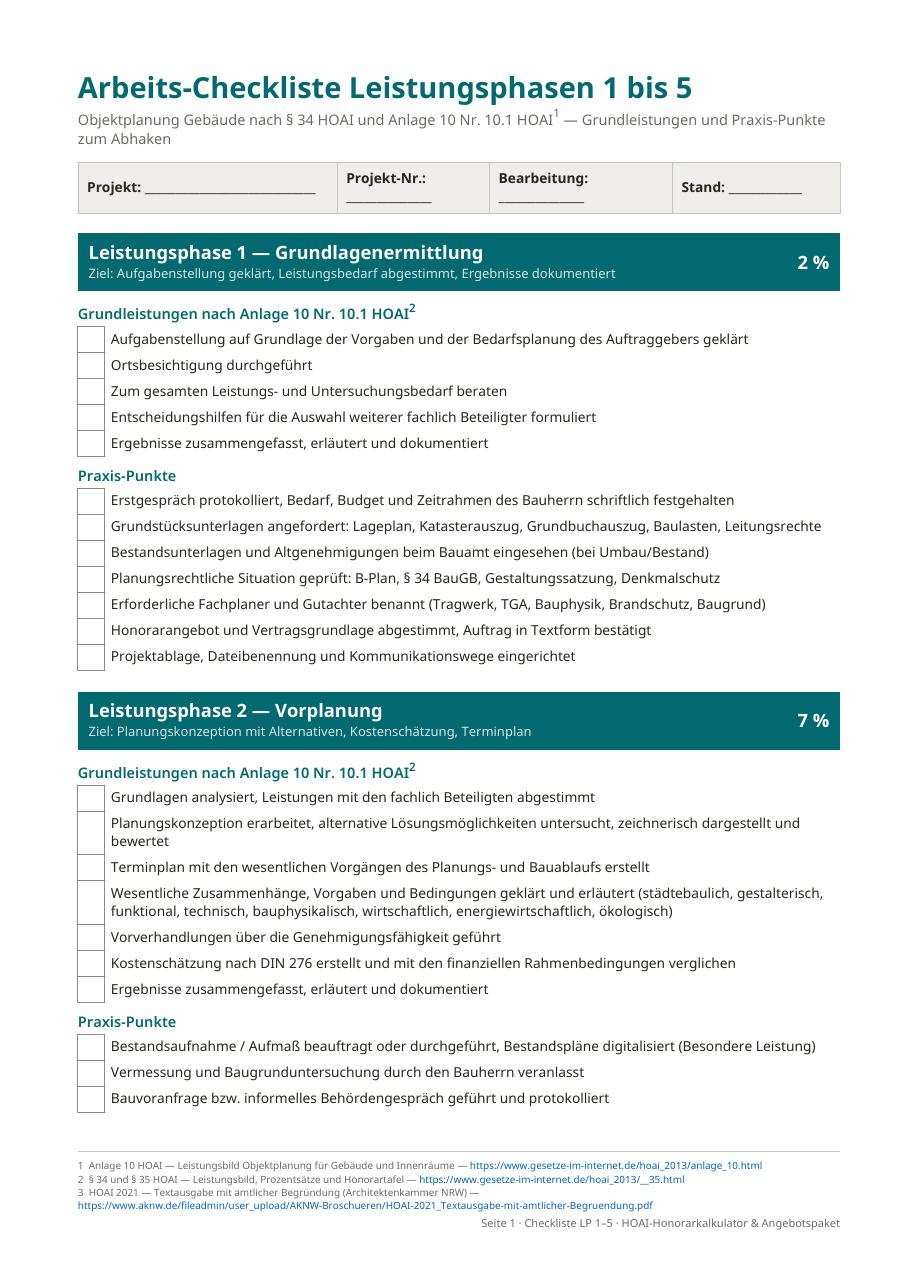 Erste Seite der PDF-Arbeitscheckliste für die Leistungsphasen 1 bis 5 mit Abhak-Kästchen