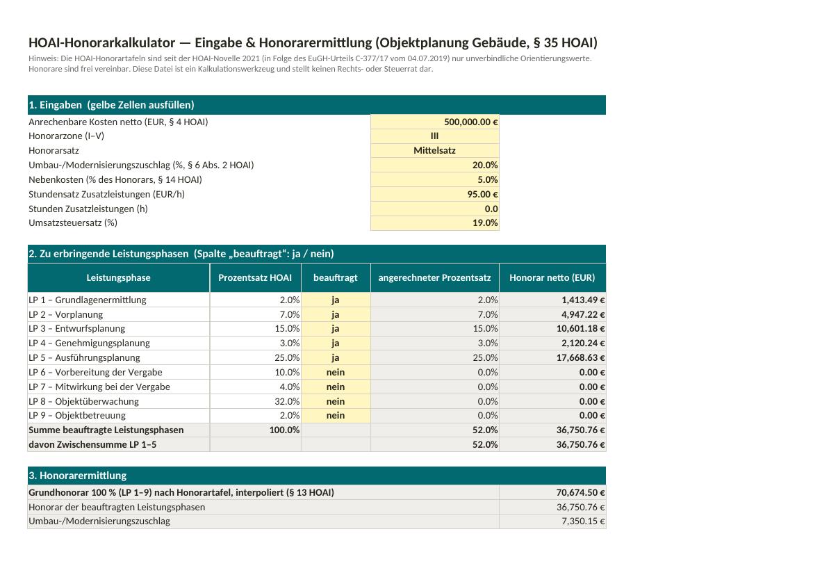 Eingabeblatt des HOAI-Honorarkalkulators mit gelb hinterlegten Eingabezellen und berechneter Honorarermittlung